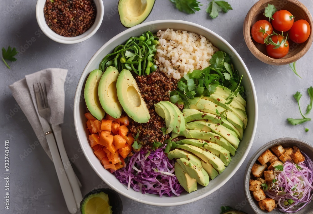 Healthy salad bowl with quinoa, tomatoes, chicken, avocado, lime and mixed greens, lettuce, parsley on wooden background top view. Food and health. Healthy salad bowl with quinoa, tomatoes, chicken, avocado, lime and mixed greens, lettuce, parsley on wooden background top view. Food and health.