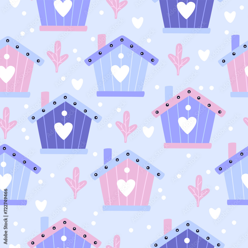 Seamless pattern with birdhouses. Printing on fabric, wrapping paper. Vector illustration