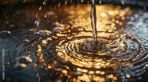 Water droplet creating ripples in golden light.