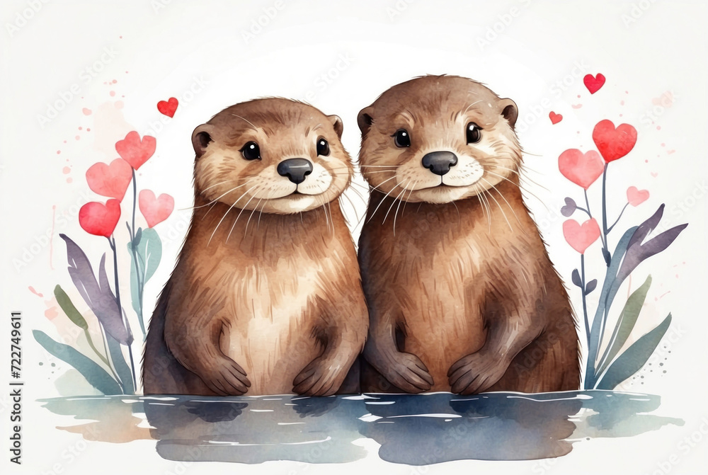 Watercolor drawing Cute otters in love AI generated Stock Illustration