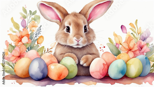 Watercolor Easter bunny with colorful Easter eggs  isolated on white. AI generated