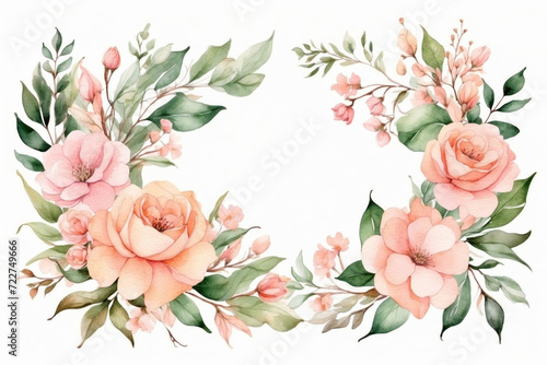 Watercolor floral border wreath isolated in white. AI generated