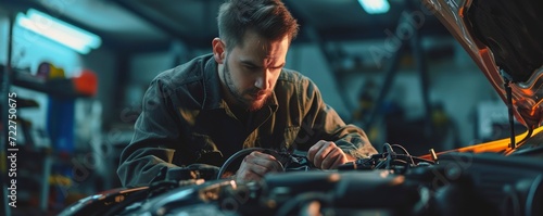 Car mechanic working in auto repair service. Professional mechanic working on the broken engine