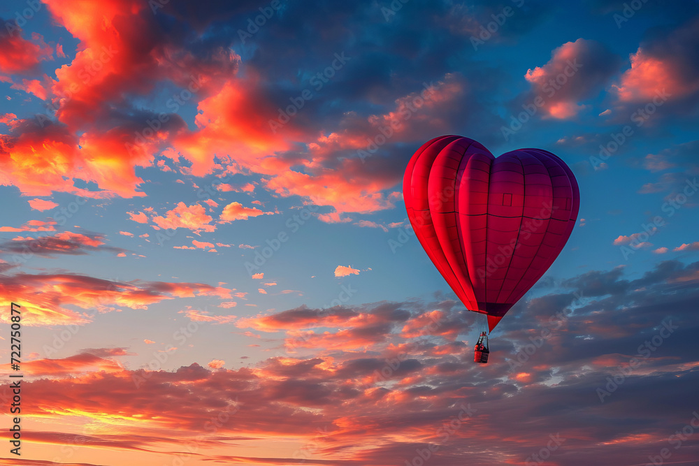 Fototapeta premium Heart-shaped balloon soaring against a pastel sunset sky, creating a dreamy and romantic atmosphere.
