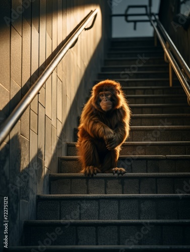 Portrait of a little monkey sitting on the steps
 photo