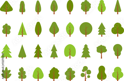 Flat trees set, pines, spruces, conifers and deciduous trees. Forest green tree nature plant isolated vector illustration