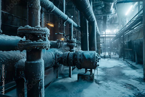 An industrial boiler room covered in snow and complex piping emitting steam, conveying a feeling of cold yet functional warmth. photo
