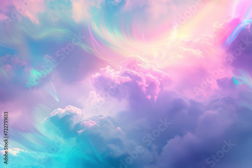 An abstract background with  holographic rainbow iridescent unicorn pastel purple pink teal blue colors. Lens light leaks flash. Background image. Created with Generative AI technology photo