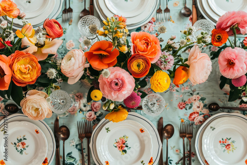 Top view of a stylishly decorated table for an International Women's Day brunch, featuring vibrant colors and elegant tableware.