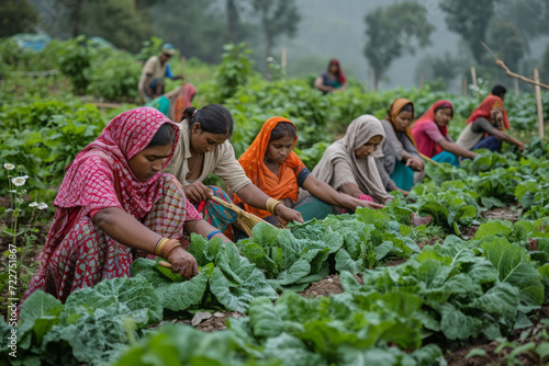 Women working in fields gathering plants
