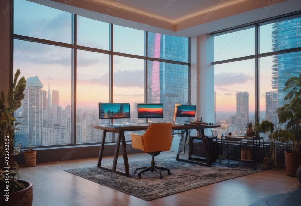 Beautiful blurred background of a modern office interior in gray tones with panoramic windows, glass partitions and orange color accents. Beautiful blurred background of a modern office interior in gray tones with panoramic windows, glass partitions and orange color accents.