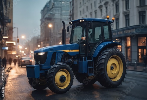 Blue tractor on the road with front loader up in the air buildings within background city © Алексей Ковалев