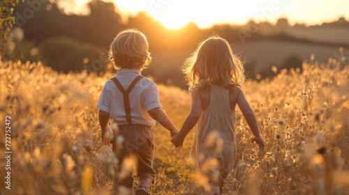two children walk towards the sunset in a field
 photo