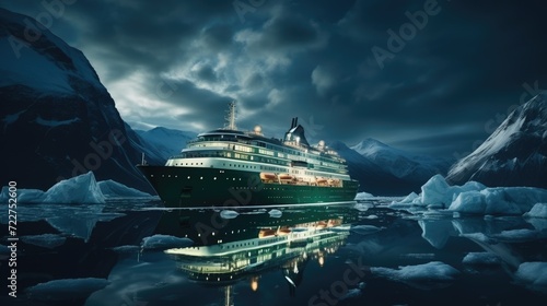 A modern, white cruise ship sails the Arctic Ocean, among ice floes and asbergs. Travel and vacation. En route, northern lights