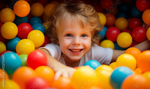 Little kid lying on coloured plastic balls in dry paddling pool in playing room