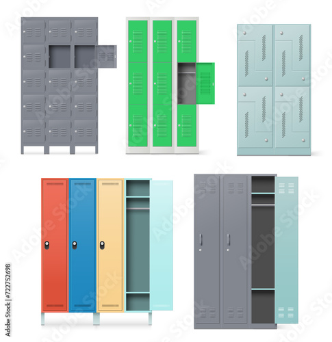 Different metal cabinet, steel locker, safe boxes stand with doors set