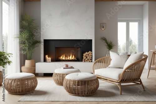 Rattan lounge chair, wicker, pouf and white sofa by fireplace © Dhiandra