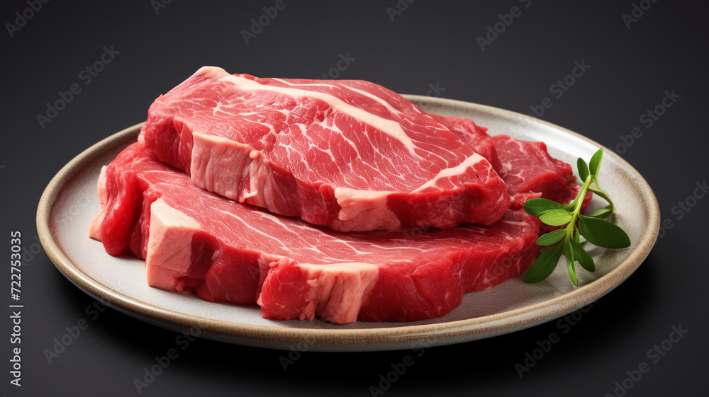 Raw red beef meat on a flat ceramic plate.