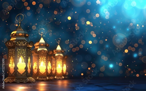 ramadan mubarak banner background- arabic lantern with light burning candle bokeh background, eid mubarka lantern 