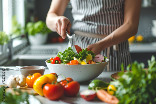 Person preparing a nutritious salad with fresh ingredients in a modern, well-lit kitchen. Selective focus.