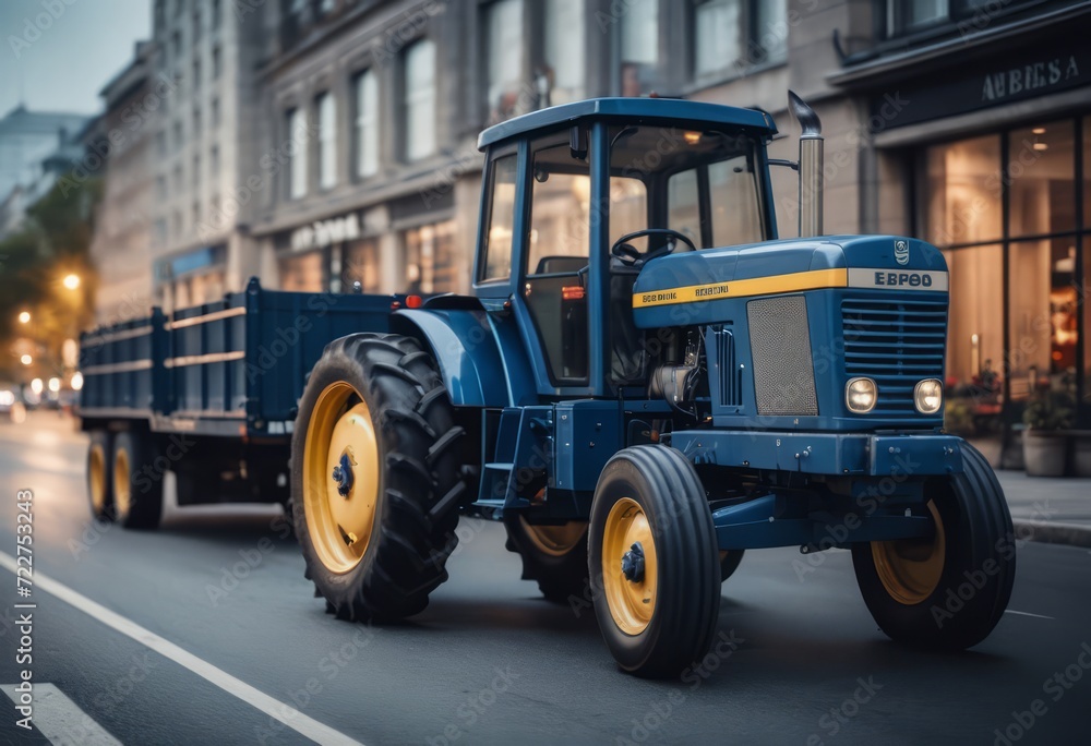 Blue tractor on the road with front loader up in the air buildings within background city Blue tractor on the road with front loader up in the air buildings within background city