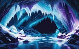 An illustration of an ice cave with a blue light and purple background.