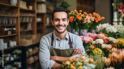Happy young man standing in his flower shop