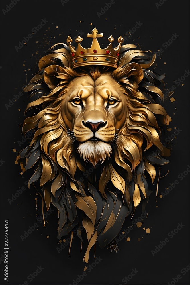 portrait of a lion, golden lion head with crown, lion king, artistic, art, illustration portrait of a lion, golden lion head with crown, lion king, artistic, art, illustration