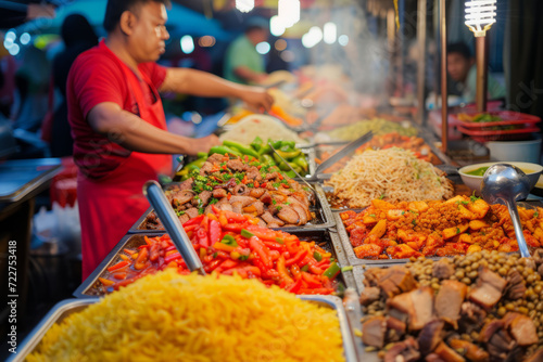 Halal street food, including grilled meats, rice, and pickled vegetables on vibrant market stalls, the energy of a bustling food market. Blurred background.