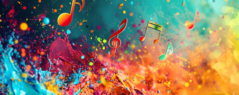 An image featuring vibrant music notes in various sizes overlaying colorful splashes of paint in a dynamic composition, with a blurred background addi - obrazy, fototapety, plakaty 