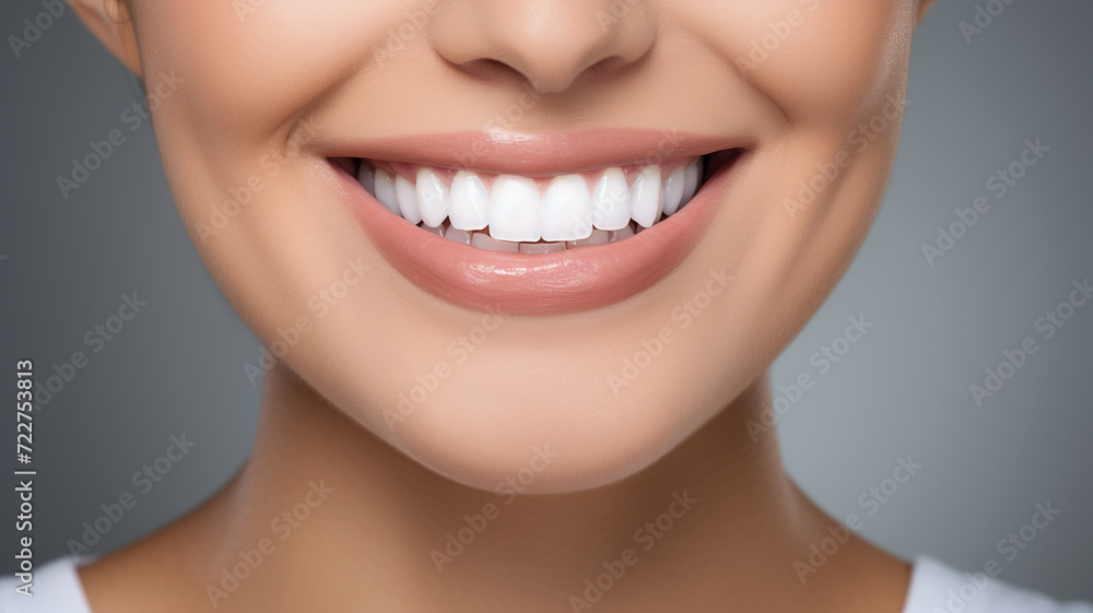 Obraz premium beautiful woman with beautiful smile on grey background. - Teeth whitening.