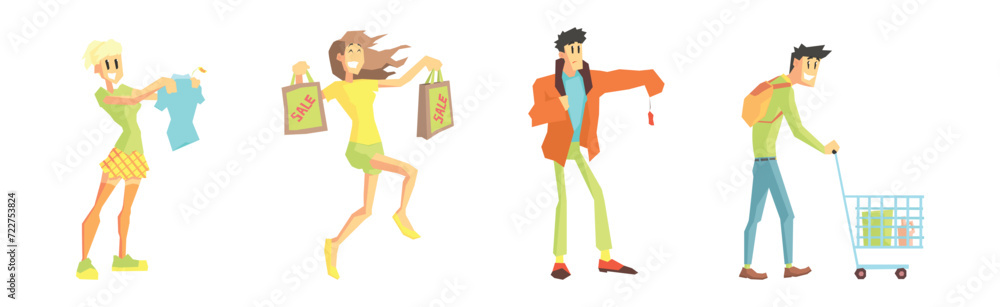 Shopping with Man and Woman Character Choose Things to Buy Vector Set Shopping with Man and Woman Character Choose Things to Buy Vector Set