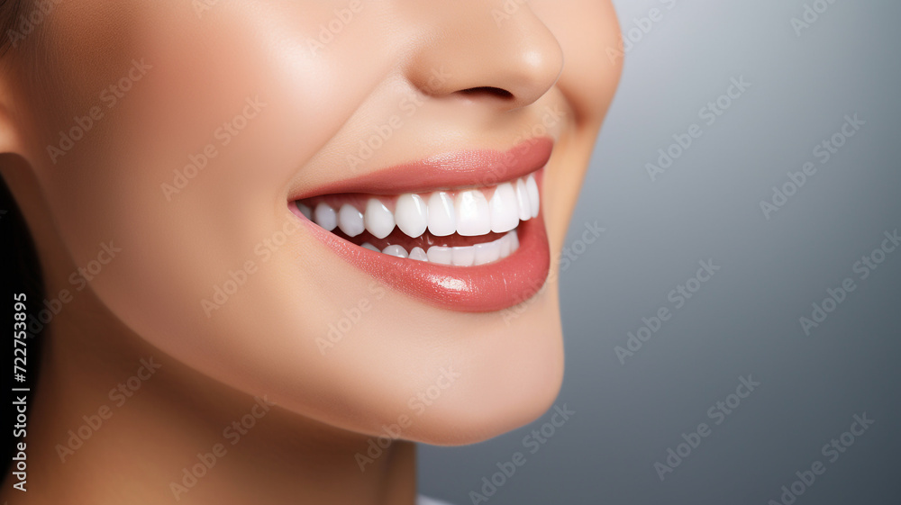 Obraz premium beautiful woman with beautiful smile on grey background. - Teeth whitening.
