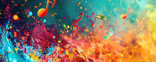 An image featuring vibrant music notes in various sizes overlaying colorful splashes of paint in a dynamic composition, with a blurred background addi
