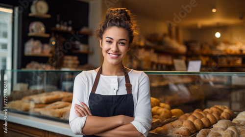 young lady baker standing in front of her pastry shop.
