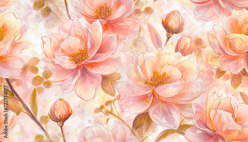 Elegant peach magnolia floral backdrop for invitation, wedding, stationary, greetings, luxury wallpaper design  © V