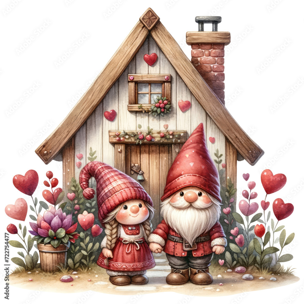Watercolor Gnome couple express their love on Valentine's Day