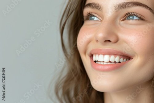 Close-up of a young woman s beautiful smile  grey backdrop