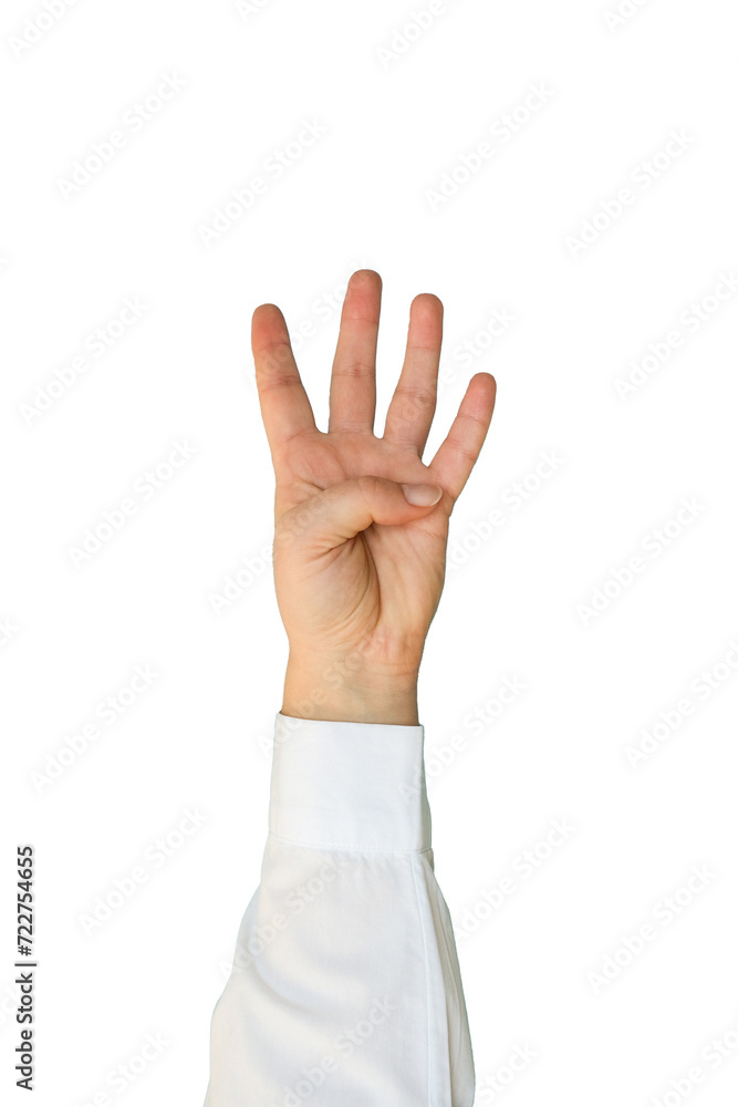 A hand in a white shirt shows four fingers on transparent background A hand in a white shirt shows four fingers on transparent background