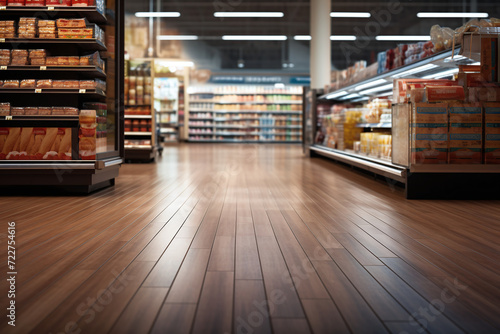 The wooden floor of the supermarket is a picture for displaying products in the supermarket. Ai generate.
