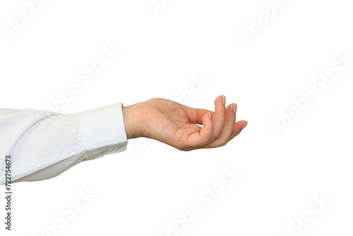 A hand in a white shirt holds something on transparent background photo
