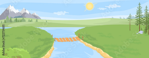 Bridge over river connecting two land masses with natural background
