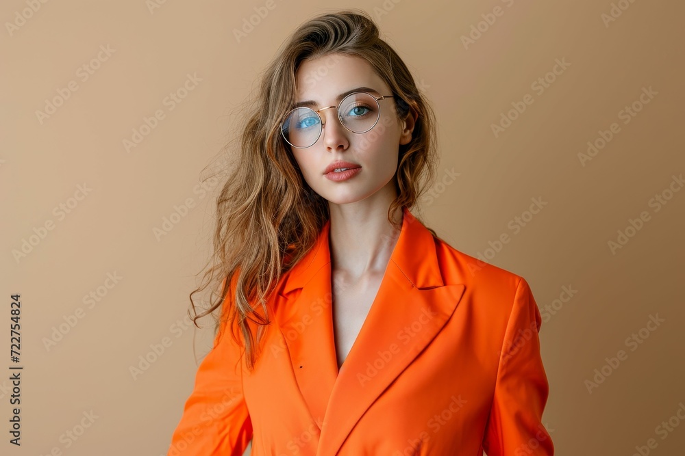 Corporate woman in vibrant orange suit, beige background, studio shot