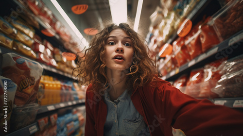 A young woman in the supermarket is shopping at a supermarket with a variety of products. Ai generate.