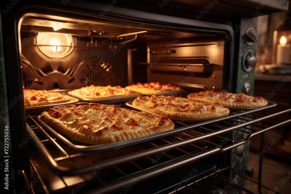 Delicious pizza in the oven, close-up, kitchen or dining room interior Delicious pizza in the oven, close-up, kitchen or dining room interior