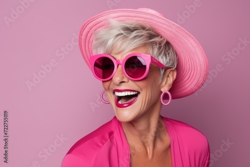 Portrait of a happy senior woman in pink hat and sunglasses over pink background