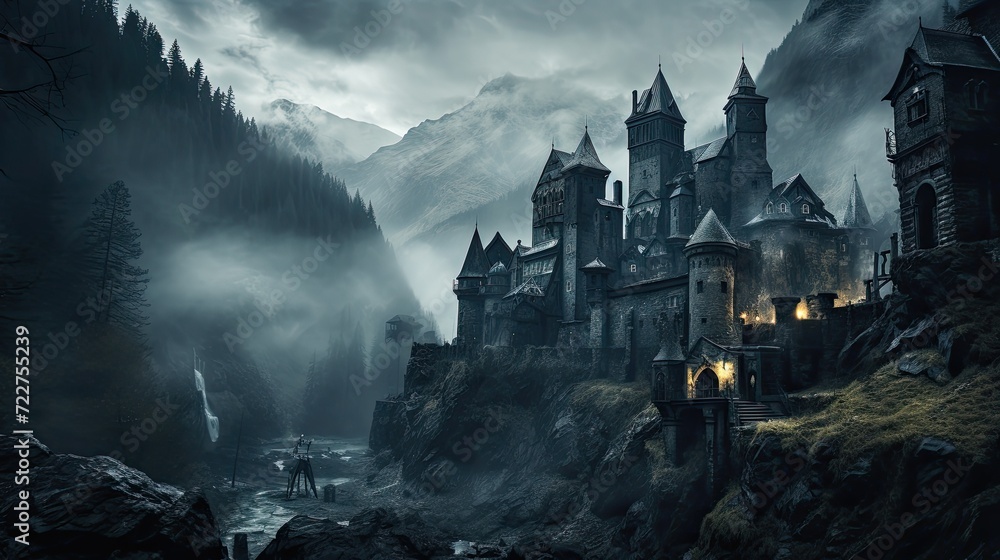 Illustration of Dracula's castle among the mountains, featuring gothic-style architecture and a spooky, mysterious atmosphere.