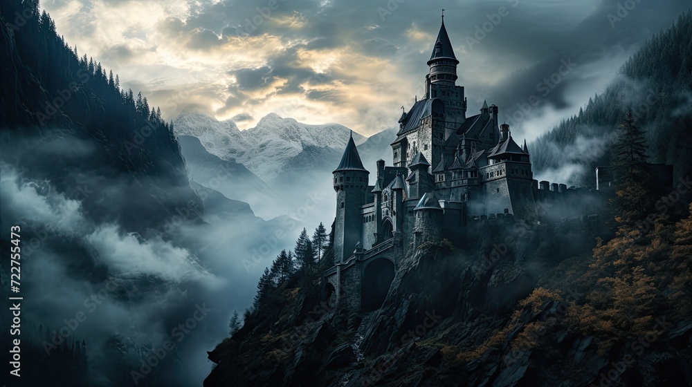 Illustration of Dracula's castle among the mountains, featuring gothic-style architecture and a spooky, mysterious atmosphere. - obrazy, fototapety, plakaty 