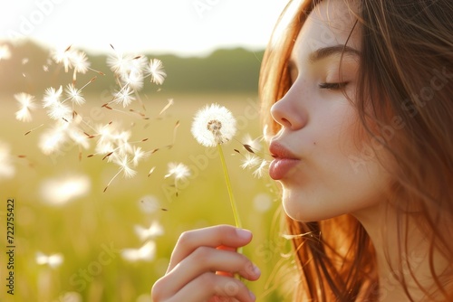 Female model blowing a dandelion in a field, focus on the seeds dispersing in the air
