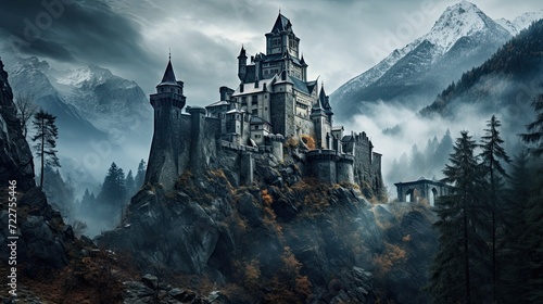 Illustration of Dracula's castle among the mountains, featuring gothic-style architecture and a spooky, mysterious atmosphere.